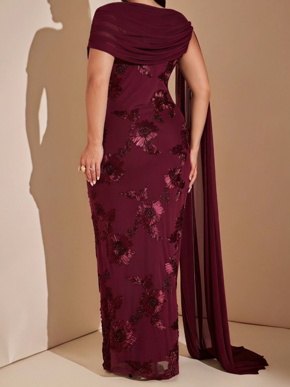 Burgundy Preppy Women's Fitted Floral Embroidered Maxi Dress - Picture 2 of 5